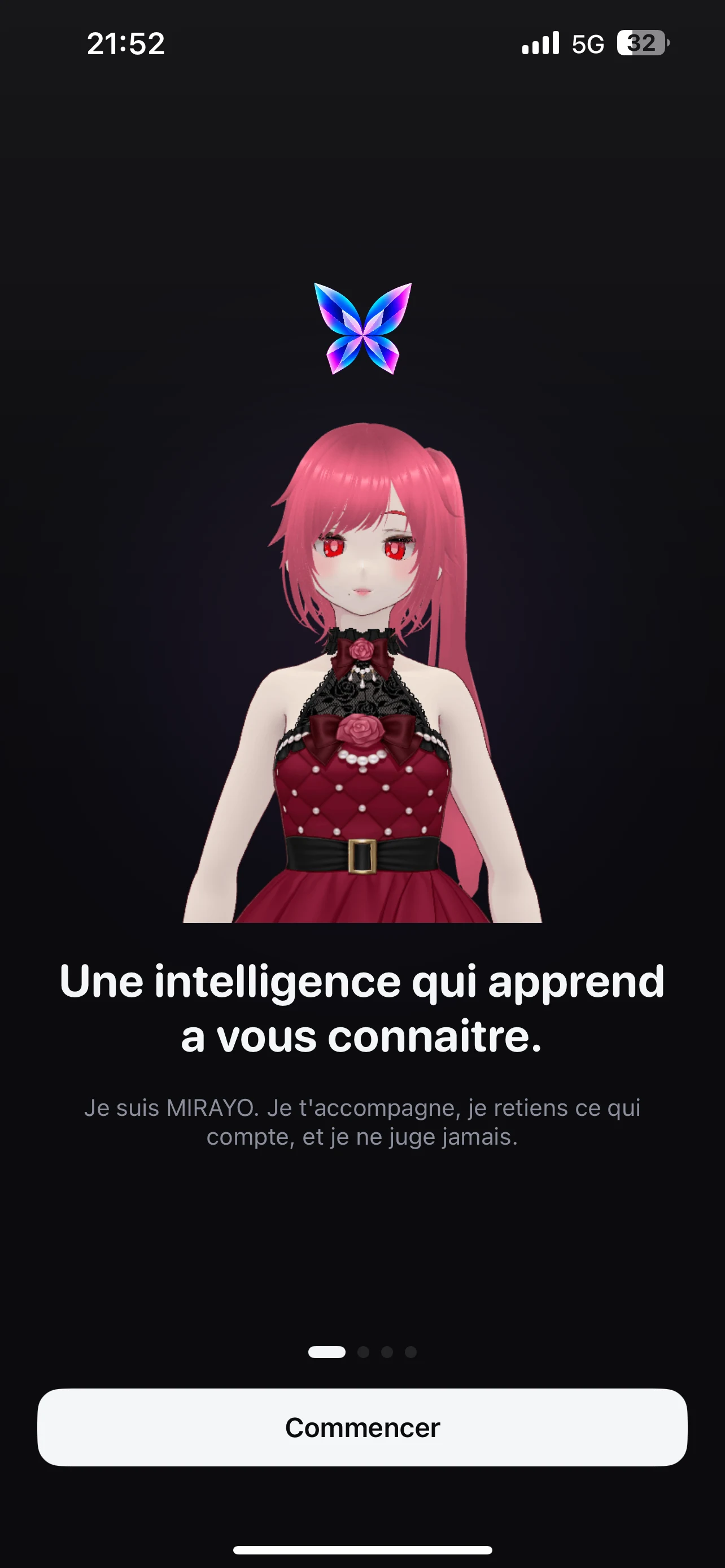Écran de bienvenue de l'app Mirayo : la mascotte MIRAYO et le bouton Commencer