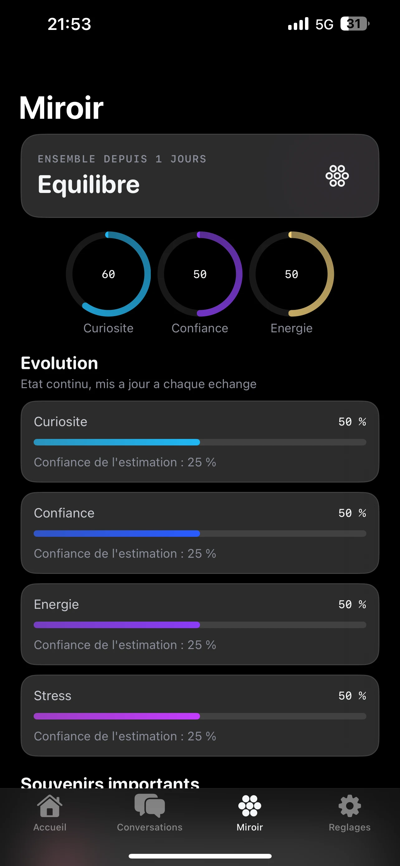 Écran Miroir de l'app Mirayo